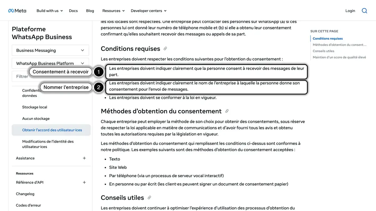Page de Meta sur l'obtention du consentement pour WhatsApp : l'entreprise doit indiquer clairement que la personne consent à recevoir des messages, et nommer l'entreprise