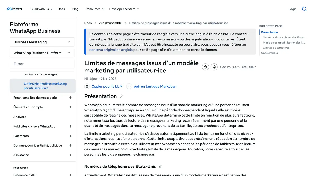 Page de la documentation Meta sur les limites de messages marketing par utilisateur sur WhatsApp