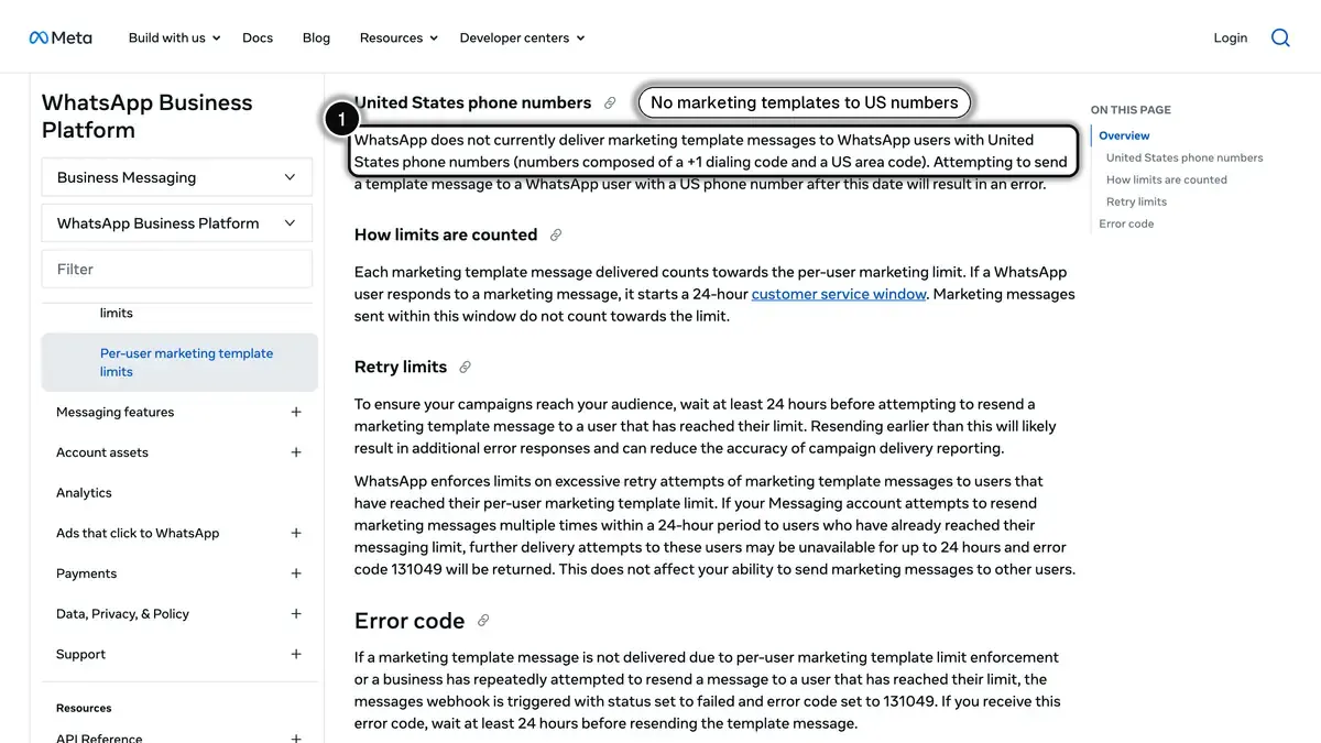 Meta's documentation stating that WhatsApp does not currently deliver marketing template messages to US phone numbers