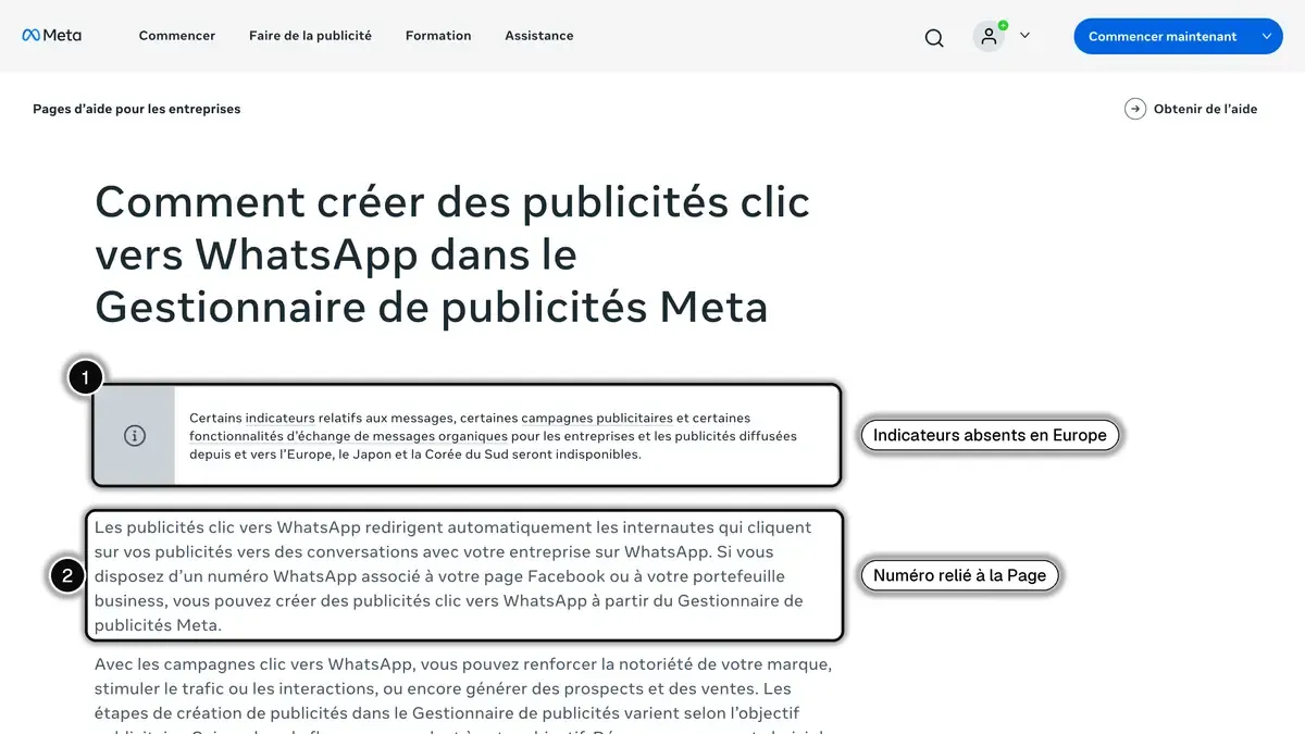 Page d'aide de Meta sur la création de publicités clic vers WhatsApp, avec l'avertissement sur les indicateurs de messages indisponibles en Europe, au Japon et en Corée du Sud