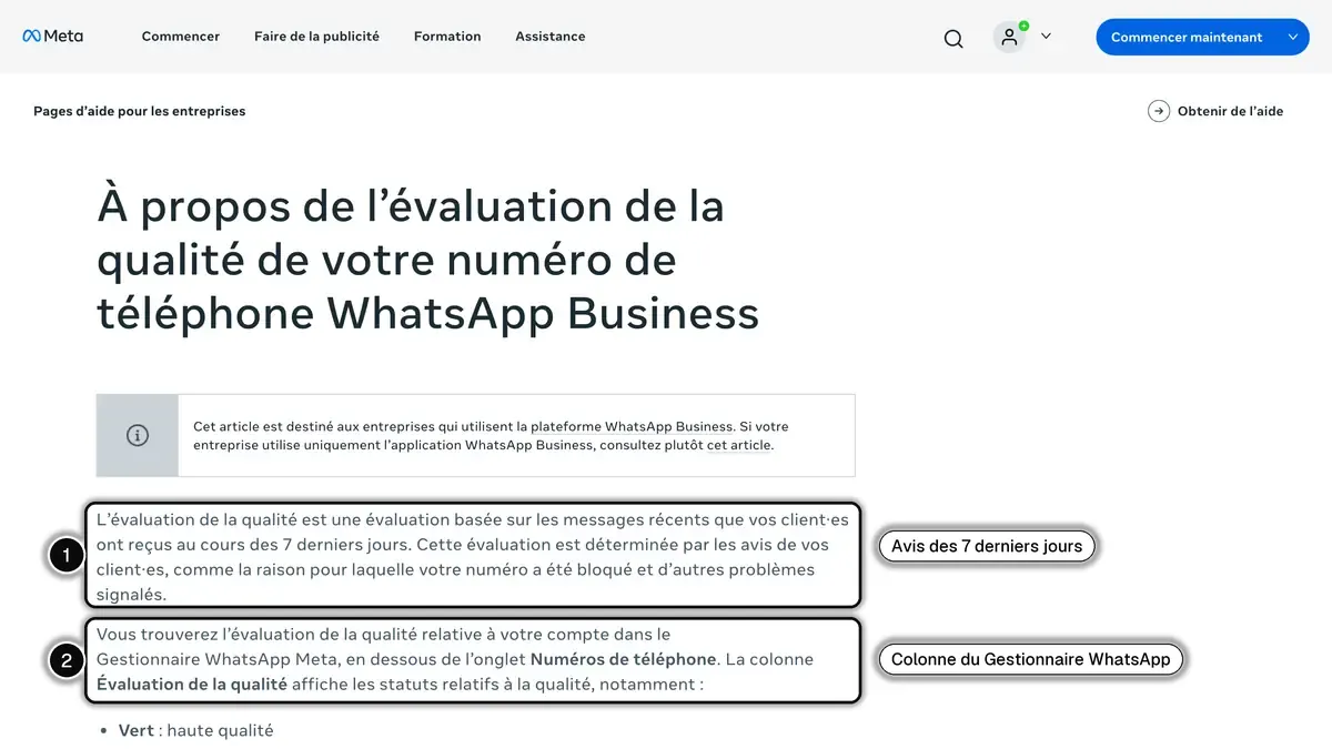 Article d'aide de Meta sur la note de qualité d'un numéro WhatsApp Business, calculée sur les avis des clients des 7 derniers jours et affichée dans le Gestionnaire WhatsApp