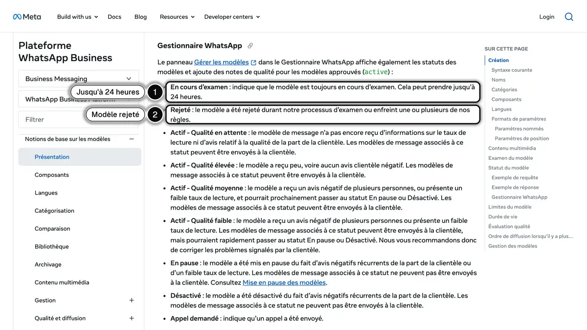Documentation de Meta sur les modèles de messages : l'examen d'un modèle peut prendre jusqu'à 24 heures, un modèle peut être rejeté