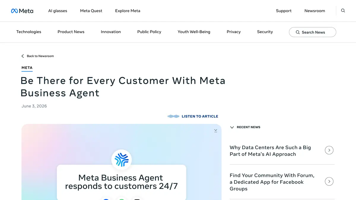 Meta Newsroom announcement of Meta Business Agent, published on June 3, 2026