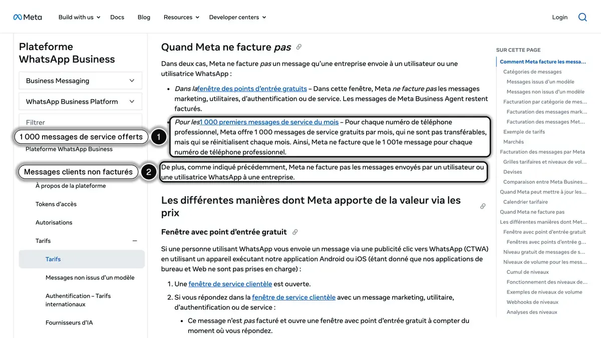 Page des tarifs de Meta en français, section sur les cas où Meta ne facture pas, avec les 1 000 messages de service offerts et les messages clients non facturés mis en évidence