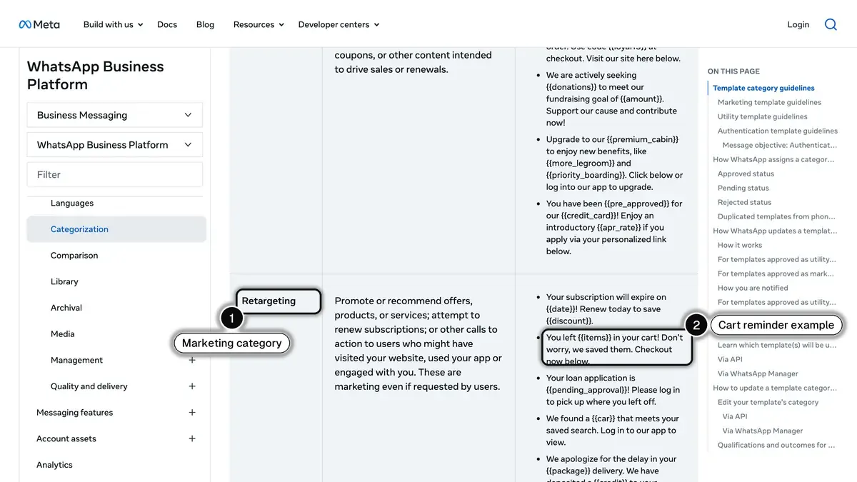 Meta template categorization guidelines listing a cart reminder as a retargeting example of a marketing template