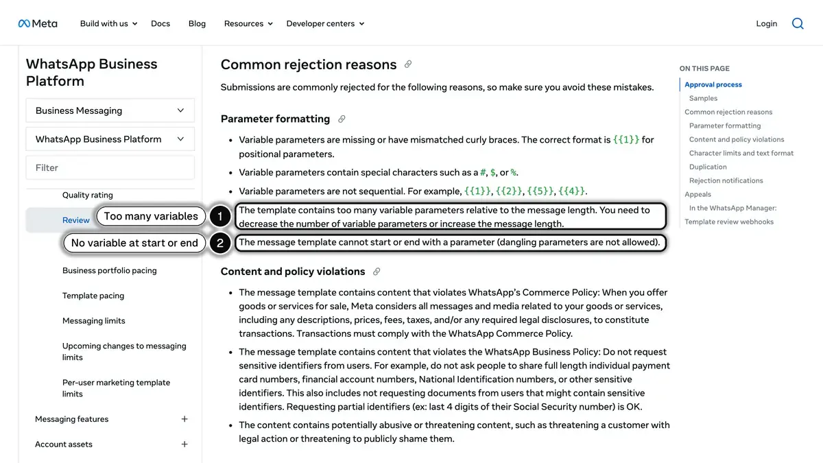 Meta template review page listing common rejection reasons, including too many variables and a template that starts or ends with a variable