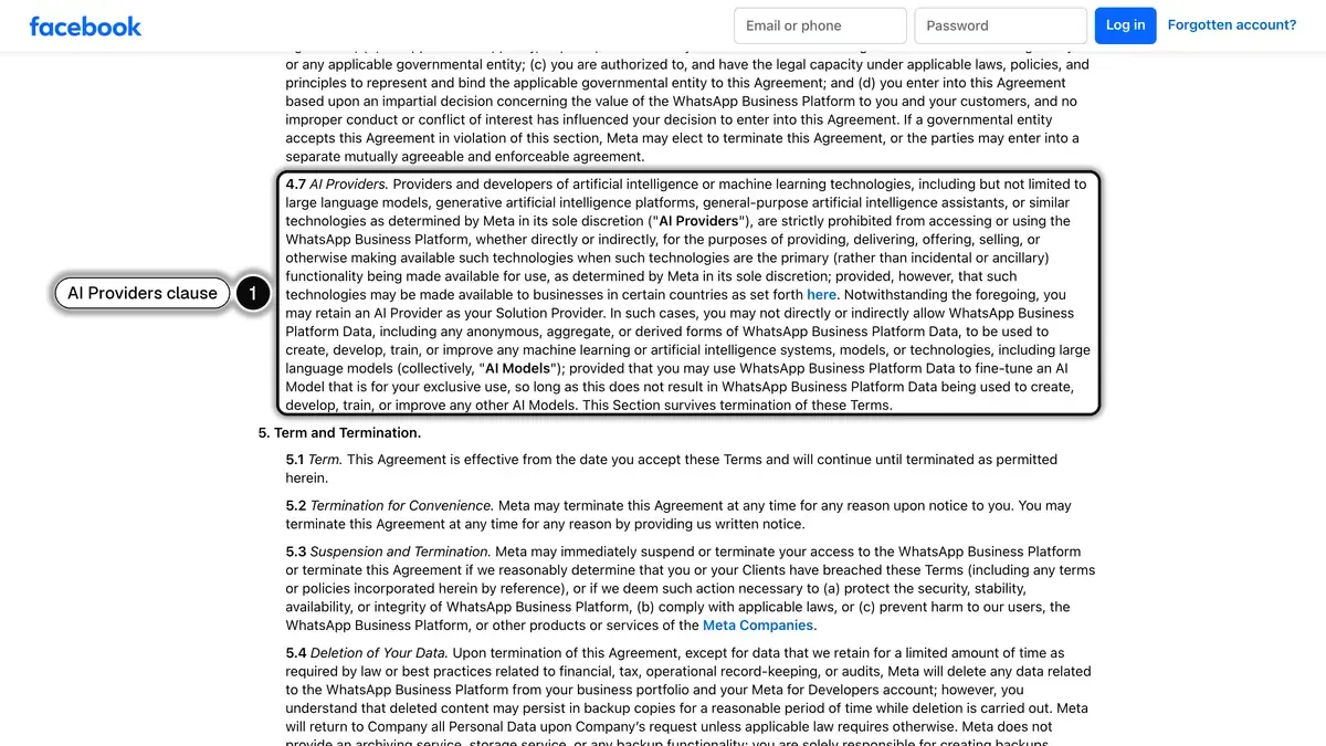 Section 4.7 of the Meta Terms for WhatsApp Business Platform, on AI Providers
