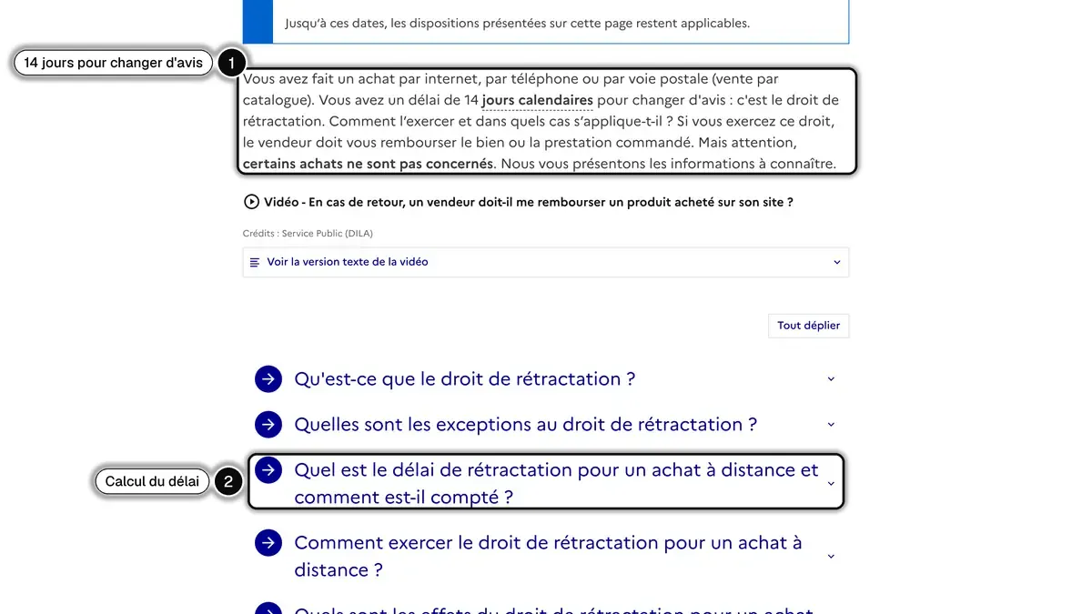 Fiche Service Public sur le droit de rétractation pour un achat à distance, avec le délai de 14 jours calendaires