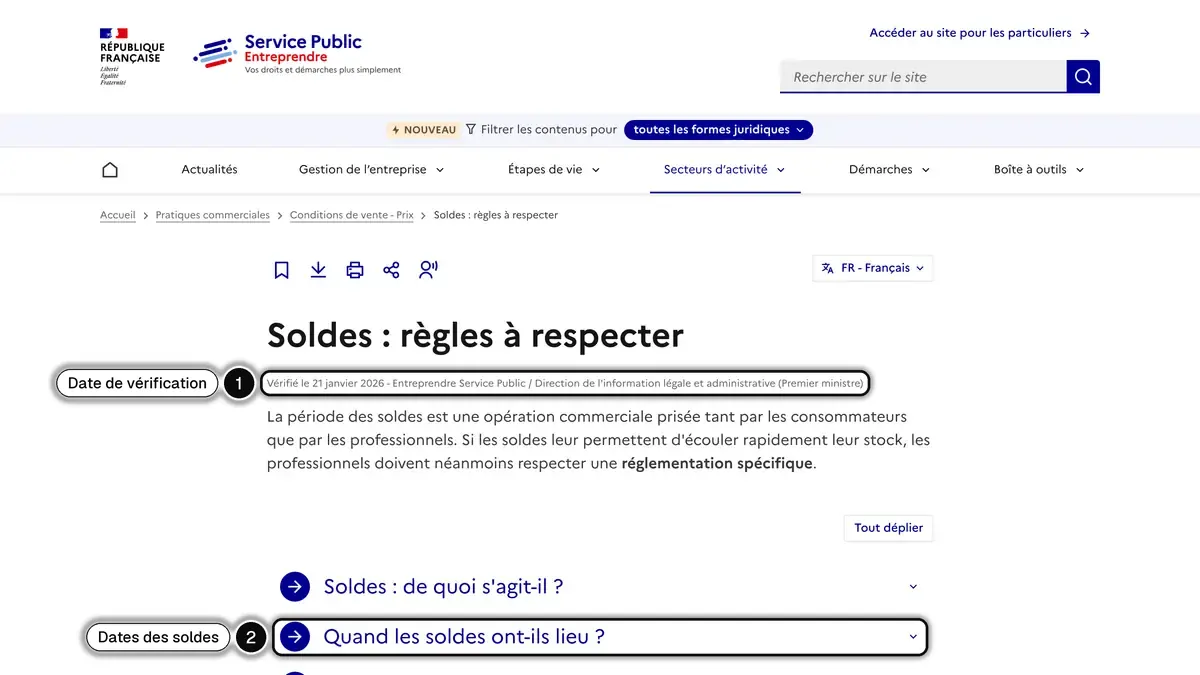 Fiche Service Public pour les entreprises sur les règles des soldes, avec la date de vérification (1) et la rubrique sur les dates des soldes (2) en évidence