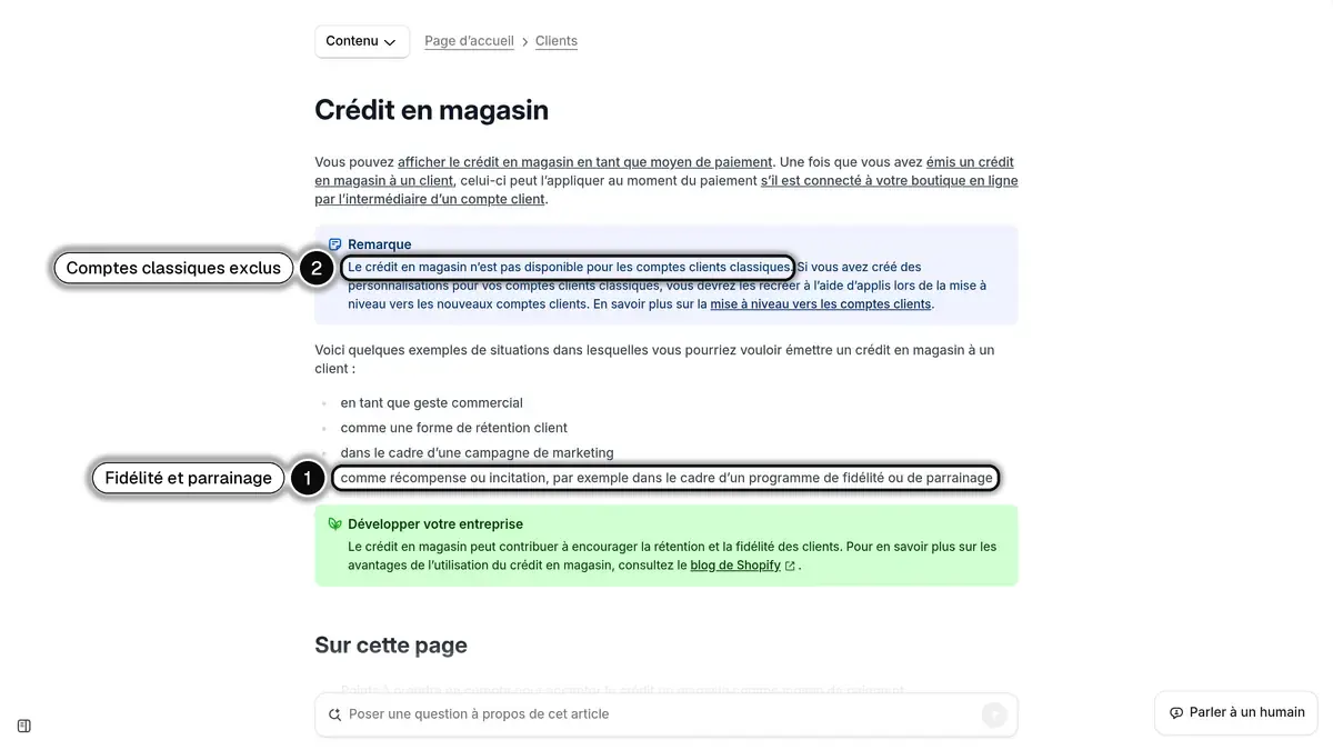 La page Crédit en magasin du centre d'aide Shopify, qui cite les programmes de fidélité et de parrainage parmi les usages du crédit en magasin