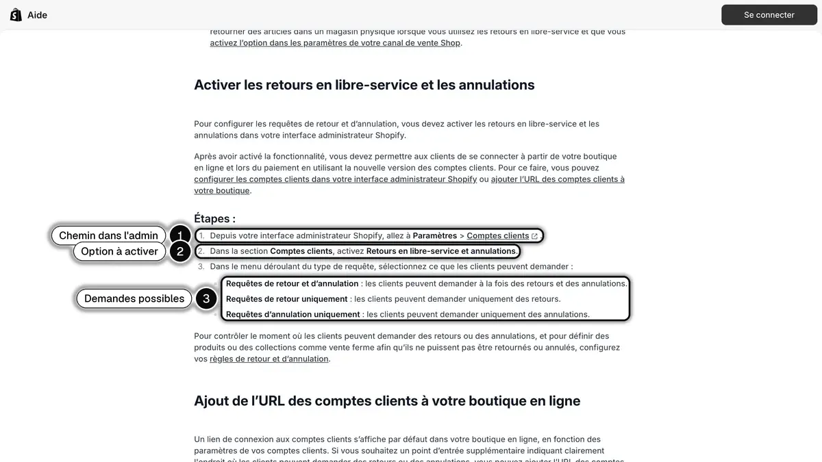 Étapes du centre d'aide Shopify pour activer les retours en libre-service et les annulations dans Paramètres, Comptes clients
