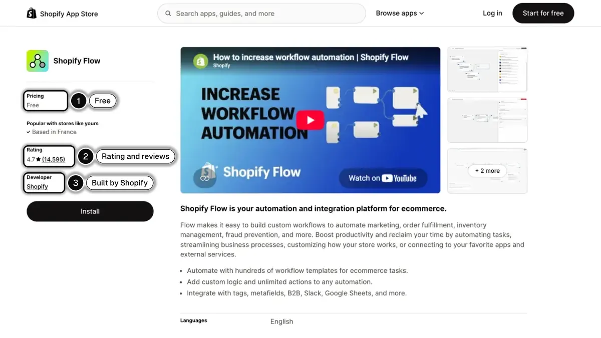 Shopify Flow listing on the Shopify App Store, with its price (1), rating (2) and developer (3) highlighted