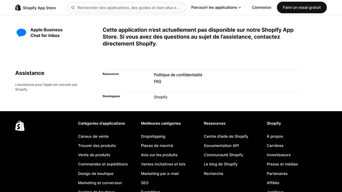La fiche Apple Business Chat for Inbox sur le Shopify App Store, indiquée comme non disponible