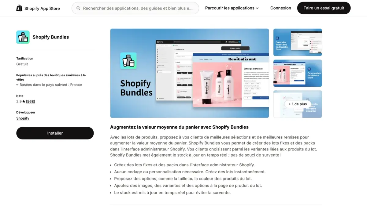 Fiche de l'application Shopify Bundles sur le Shopify App Store, avec la mention Gratuit et la note