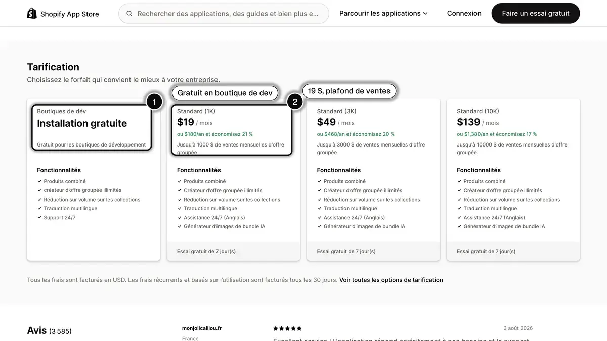 La section tarifs de la fiche Fast Bundle sur le Shopify App Store en français : gratuite pour les boutiques de développement, puis offres Standard à partir de 19 $ par mois plafonnées selon les ventes de bundles.