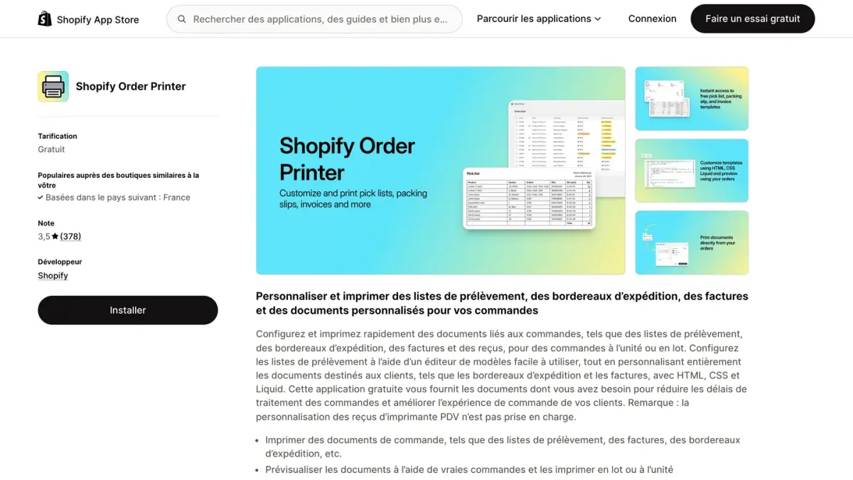 Fiche de l'application Shopify Order Printer sur le Shopify App Store, avec la mention Gratuit