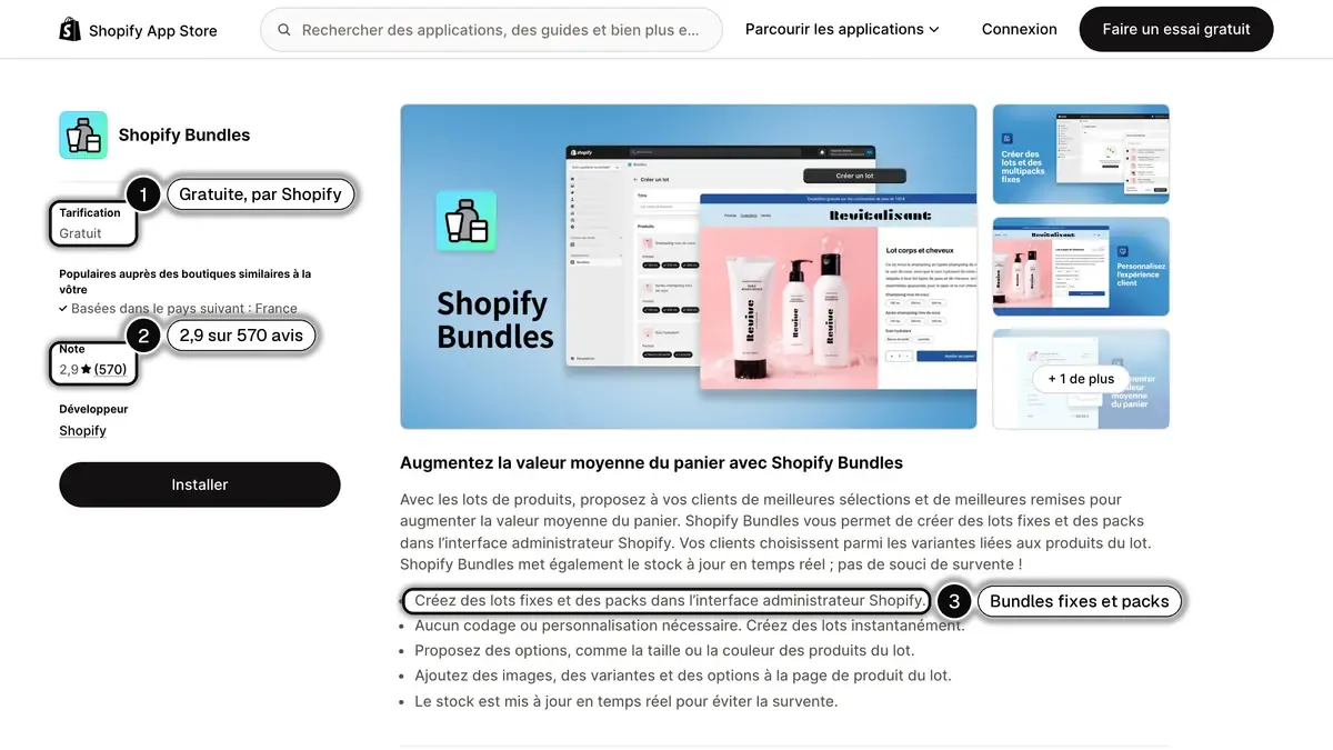 La fiche Shopify Bundles sur le Shopify App Store en français : application gratuite, note de 2,9 sur 570 avis, création de lots fixes et de packs depuis l'interface Shopify.