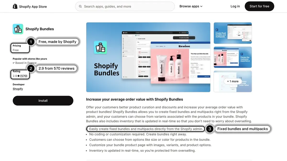 The Shopify Bundles listing on the Shopify App Store, with its free pricing, its 2.9 rating from 570 reviews and fixed bundles and multipacks as its main feature.