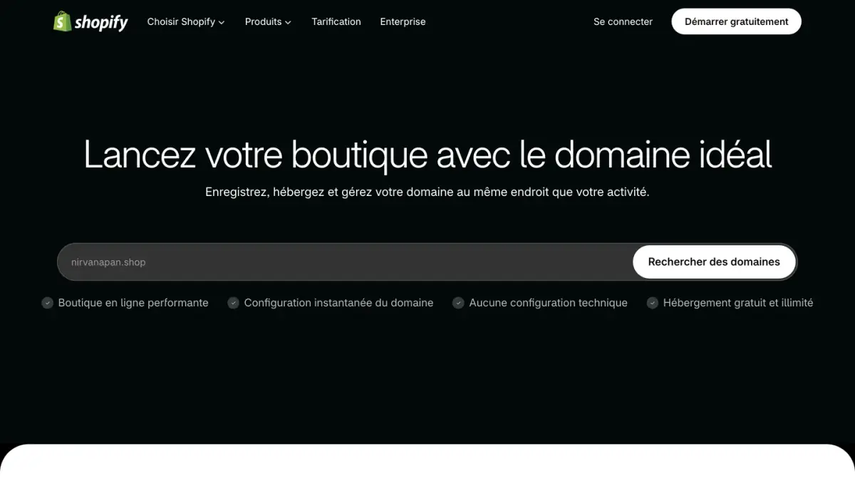 Page Domaines de Shopify France, avec le moteur de recherche de noms de domaine