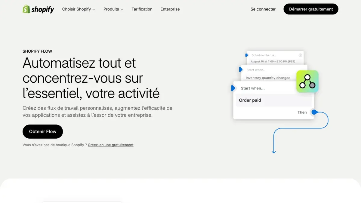 La page de présentation de Shopify Flow sur le site de Shopify France