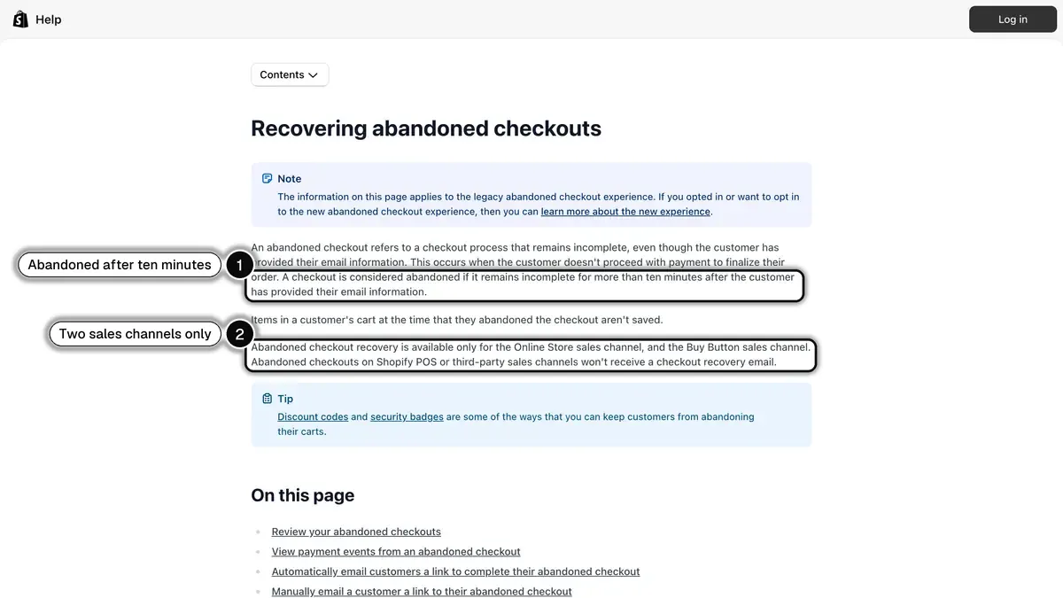 Shopify Help Center: when a checkout counts as abandoned and which sales channels support recovery