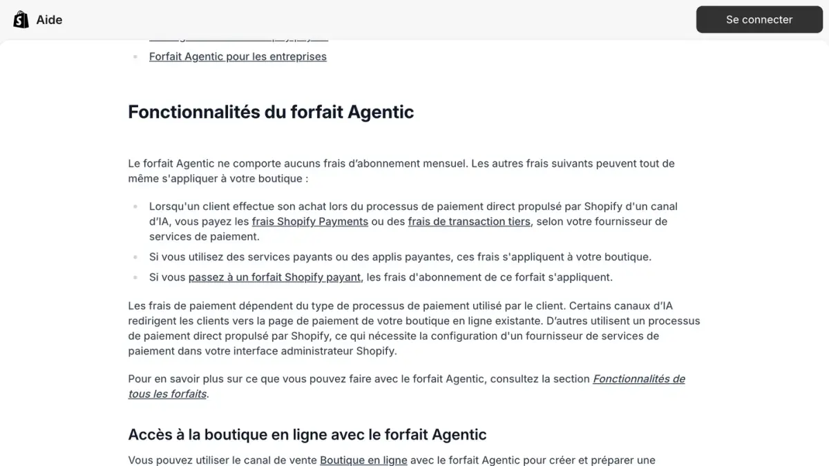 La page du centre d'aide Shopify qui décrit les fonctionnalités du forfait Agentic