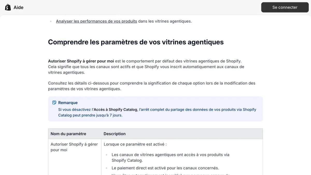 Les paramètres de gestion des vitrines agentiques décrits dans le centre d'aide Shopify