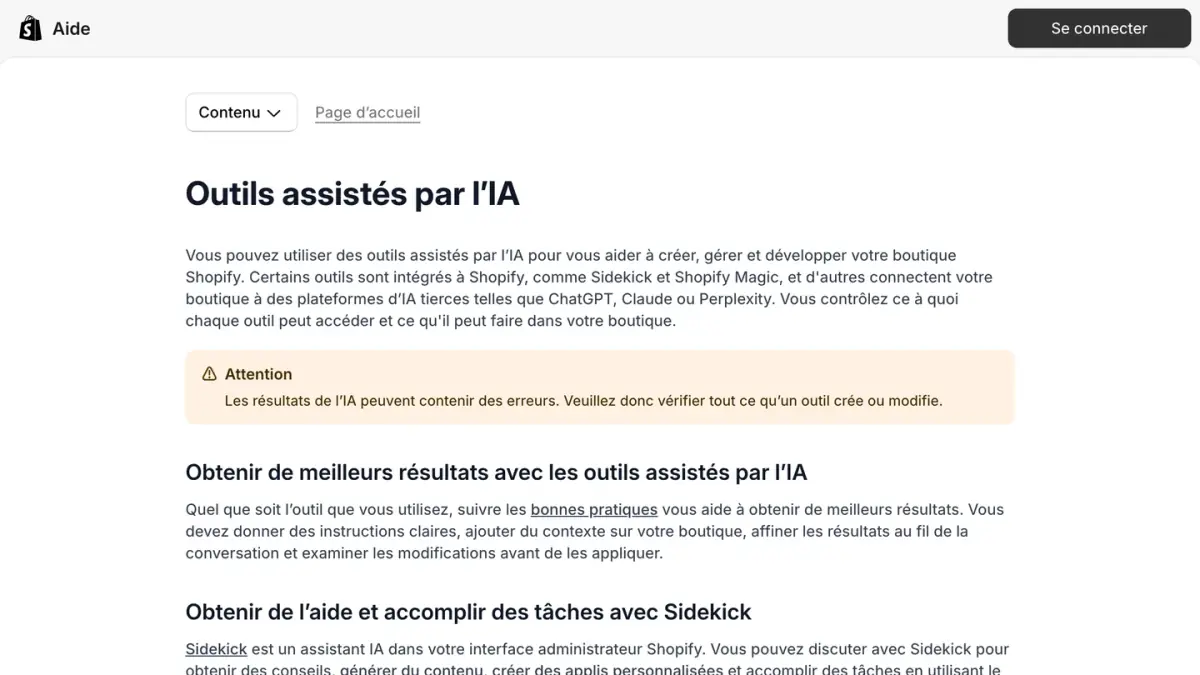 La page Outils assistés par l'IA du centre d'aide Shopify en français