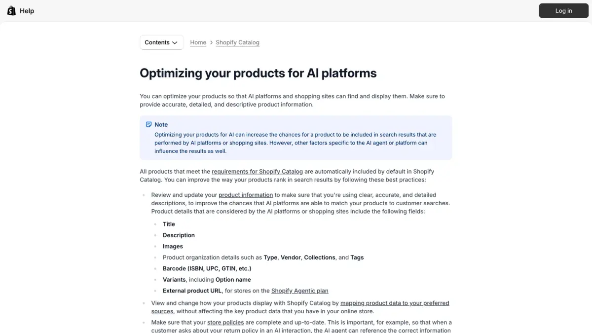 Shopify Help Center page on optimizing products for AI platforms through Shopify Catalog