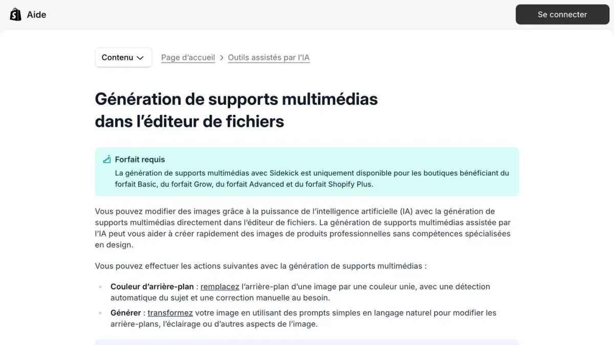 La page du centre d'aide Shopify sur la génération de supports multimédias dans l'éditeur de fichiers