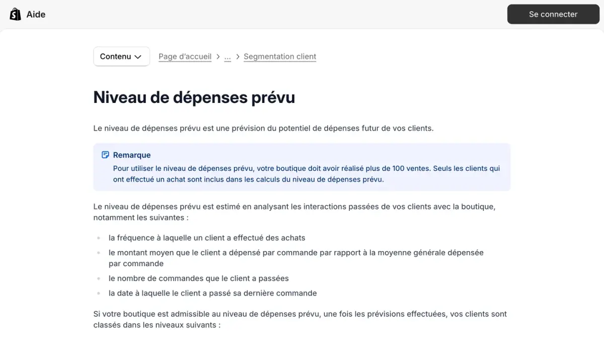 La page Niveau de dépenses prévu du centre d'aide Shopify en français