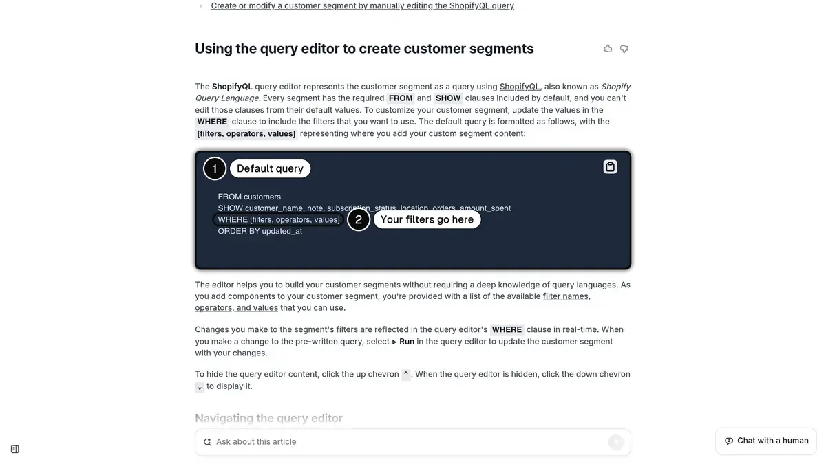 Shopify Help Center page on the segment query editor, with the default ShopifyQL query and the WHERE clause where filters are added