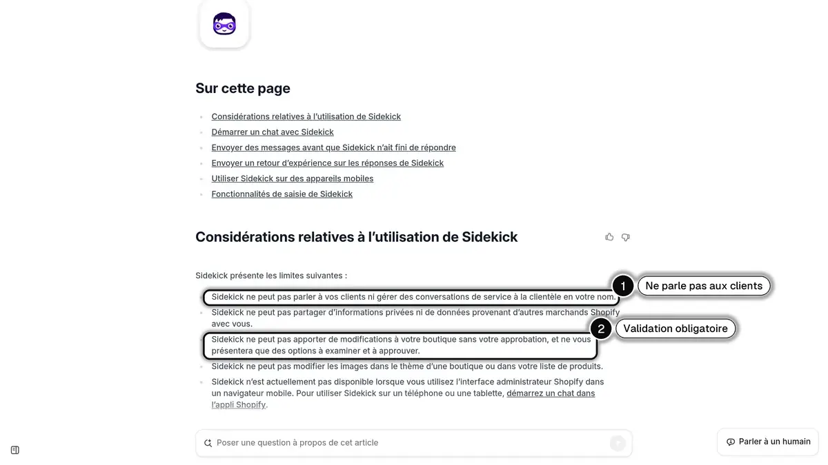 Page du centre d'aide Shopify en français sur les limites de Sidekick, avec les lignes sur les clients et l'approbation mises en évidence