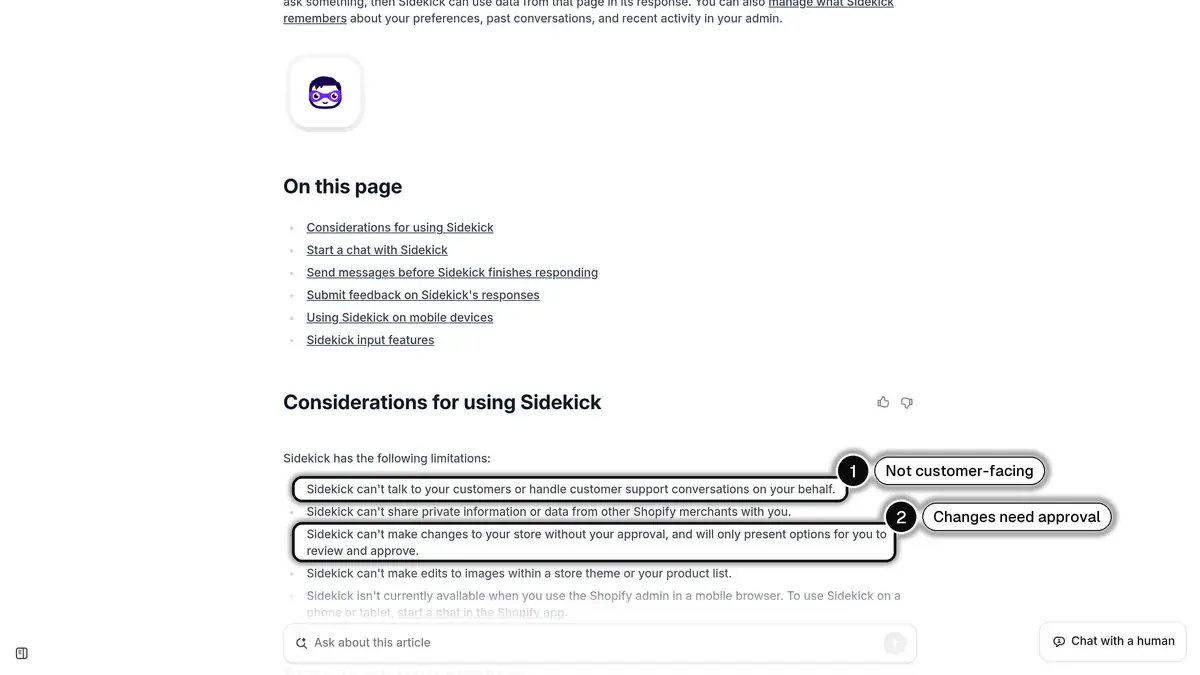 Shopify Help Center page listing Sidekick's limits, with the customer support and approval lines highlighted