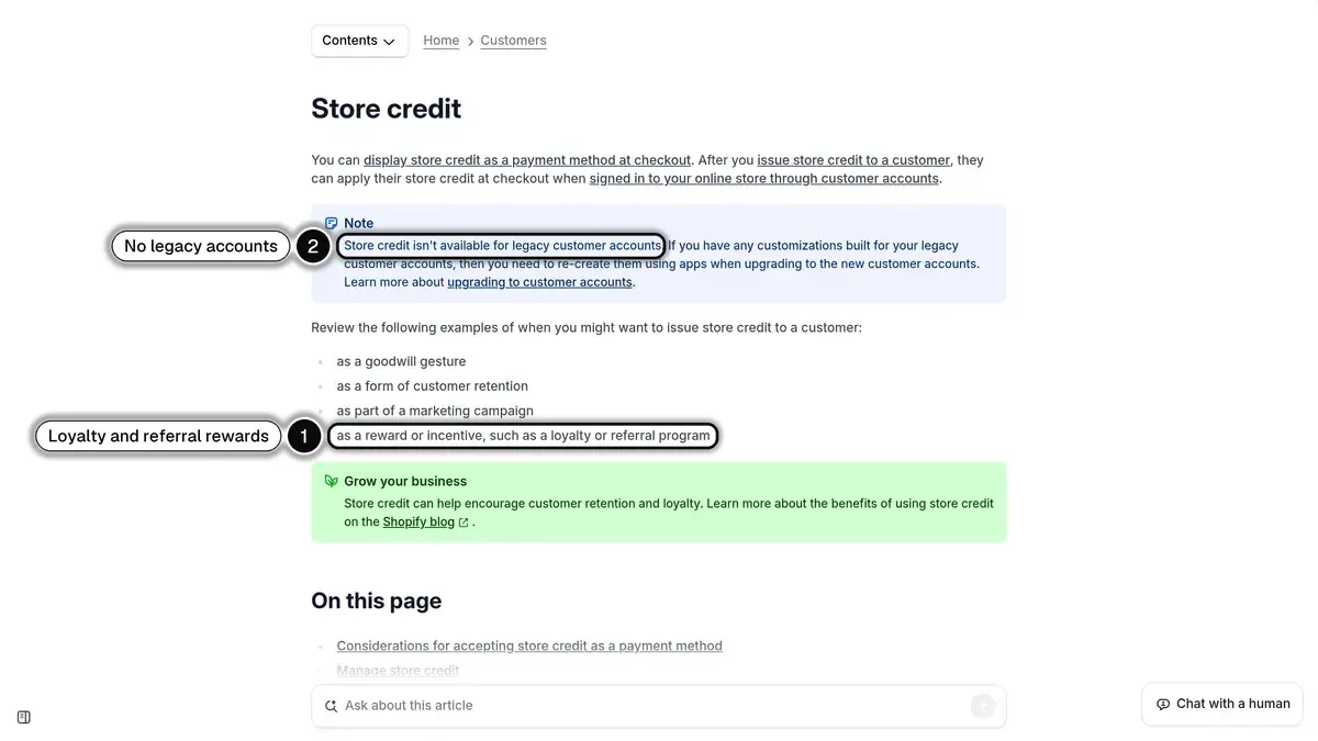 Shopify Help Center store credit page, listing loyalty and referral programs among the uses of store credit