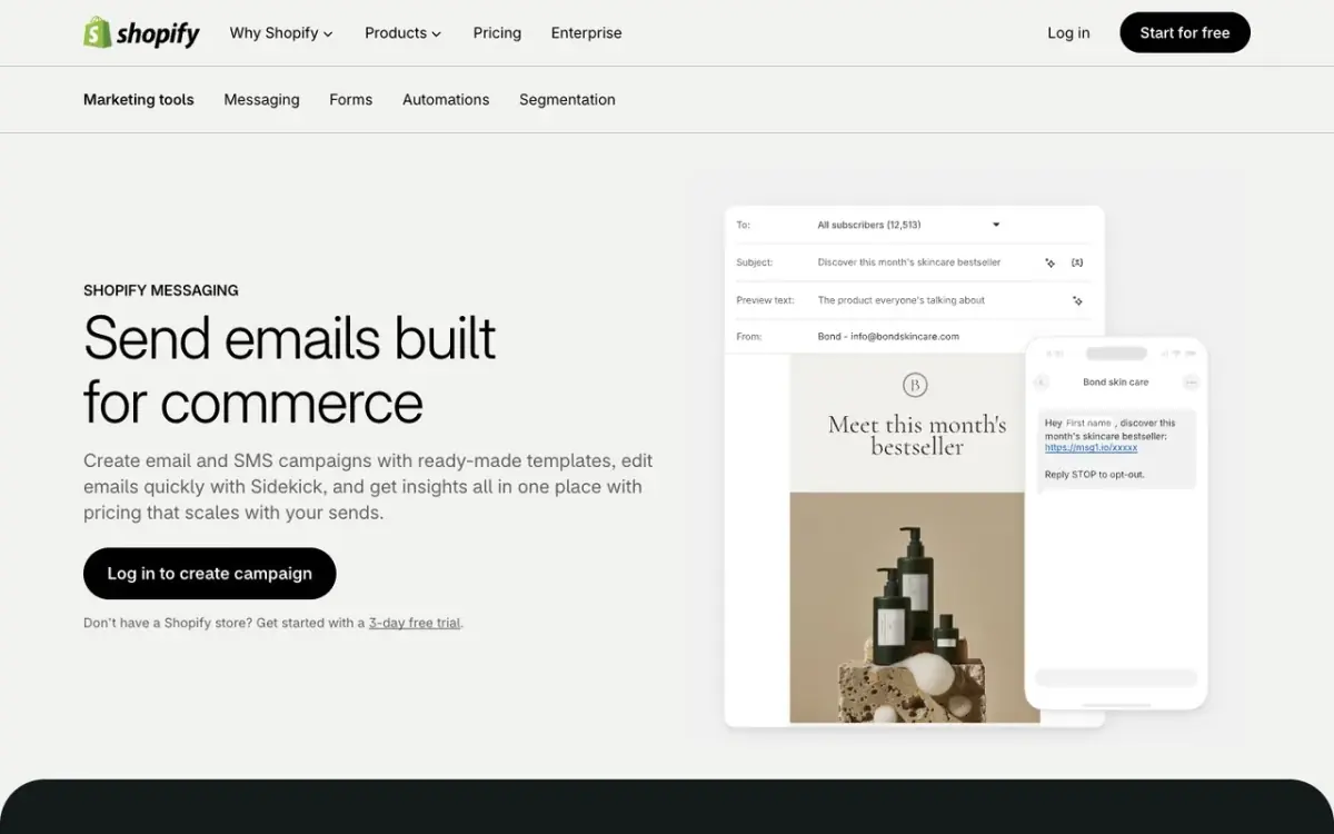 Shopify Messaging product page, the marketing tool that now includes a WhatsApp channel