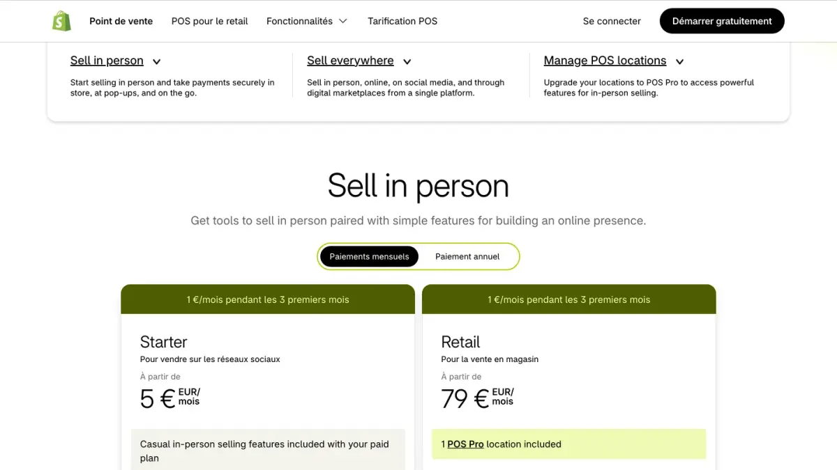 Les forfaits Starter et Retail avec leurs prix en euros sur la page tarifs POS de Shopify