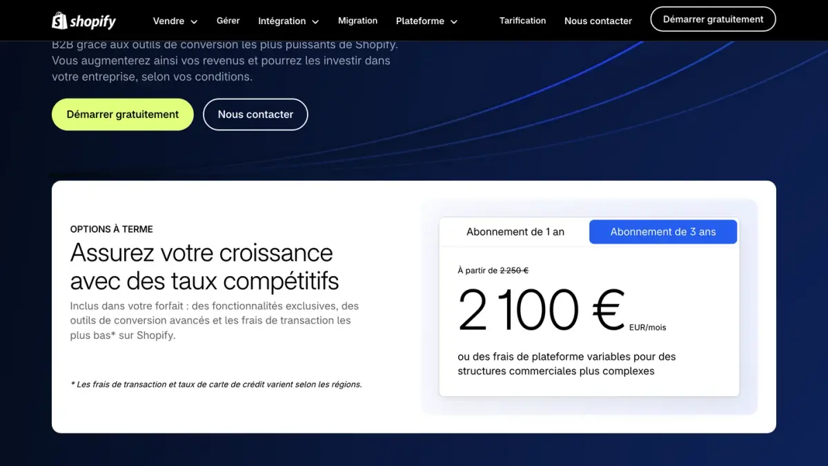 La page tarifs de Shopify Plus en français, avec le prix de l'abonnement de 3 ans