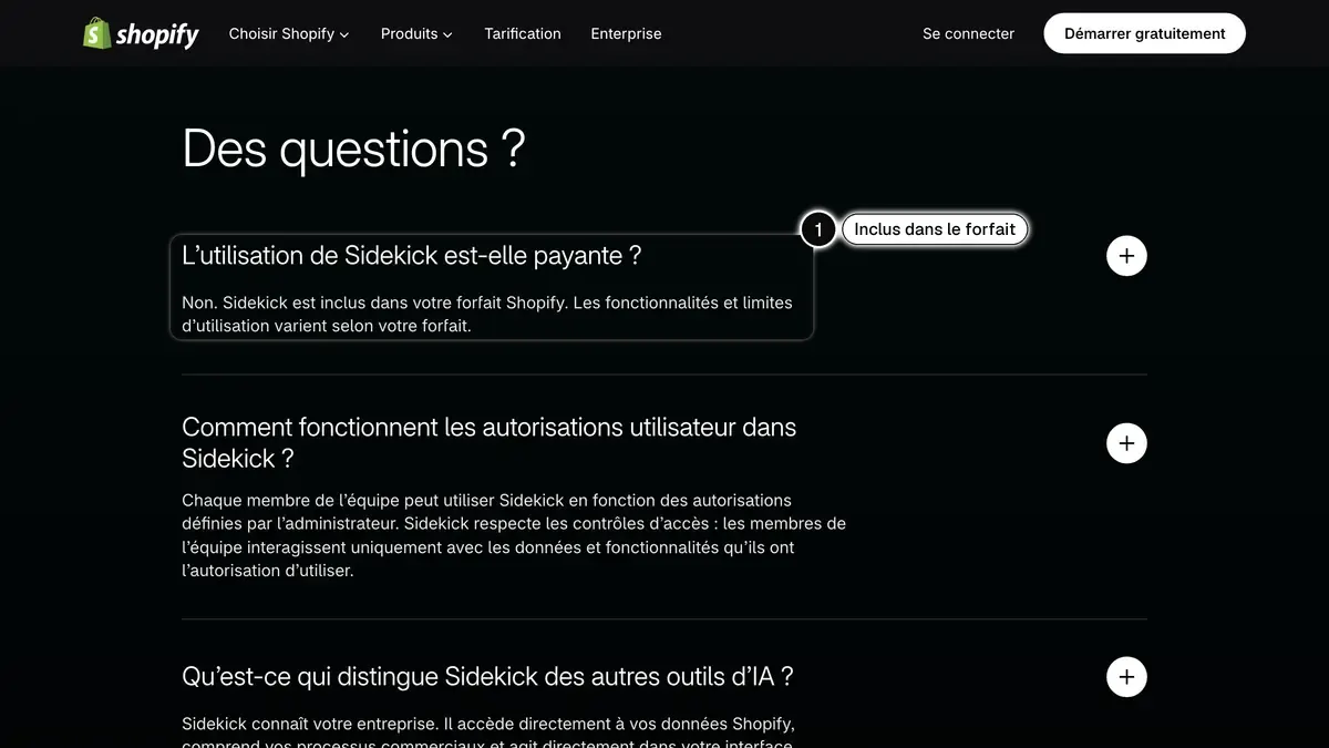 FAQ de la page Sidekick de Shopify en français, avec la réponse sur le prix mise en évidence