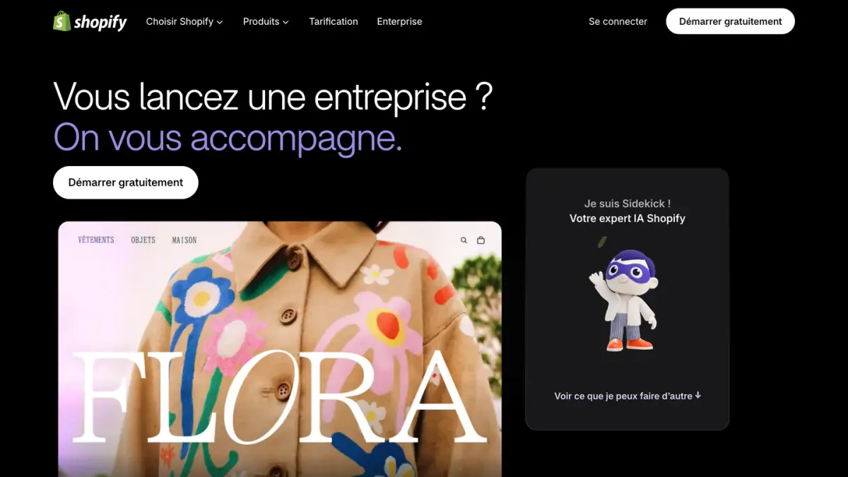 La page Sidekick de Shopify France, vers laquelle redirige désormais l'adresse de Shopify Magic