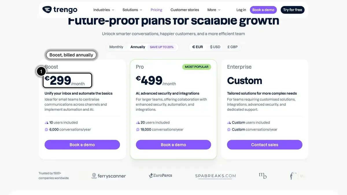 Trengo pricing page on annual billing, with the Boost plan at €299 a month for 10 users