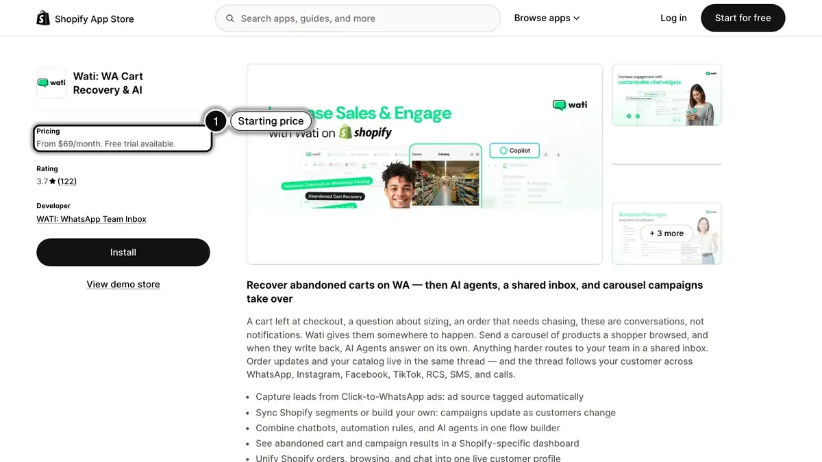 Wati listing on the Shopify App Store showing a starting price of $69 a month with a free trial