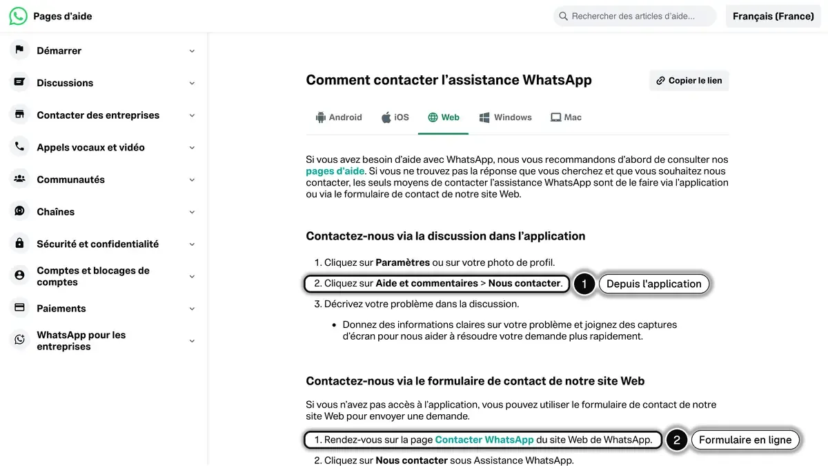 Aide officielle de WhatsApp en français sur le contact de l'assistance, avec le chemin dans l'application (1) et le formulaire du site (2)