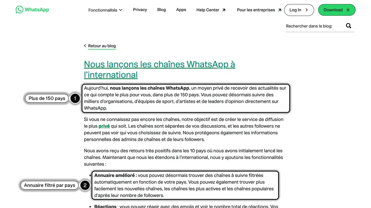 Article du blog WhatsApp annonçant les chaînes dans plus de 150 pays, avec un annuaire filtré selon le pays