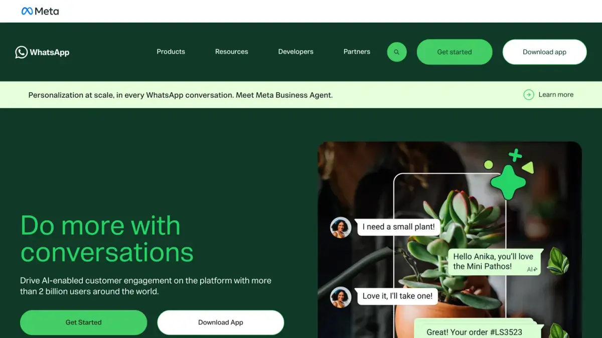 WhatsApp Business home page presenting the app and the platform for customer conversations