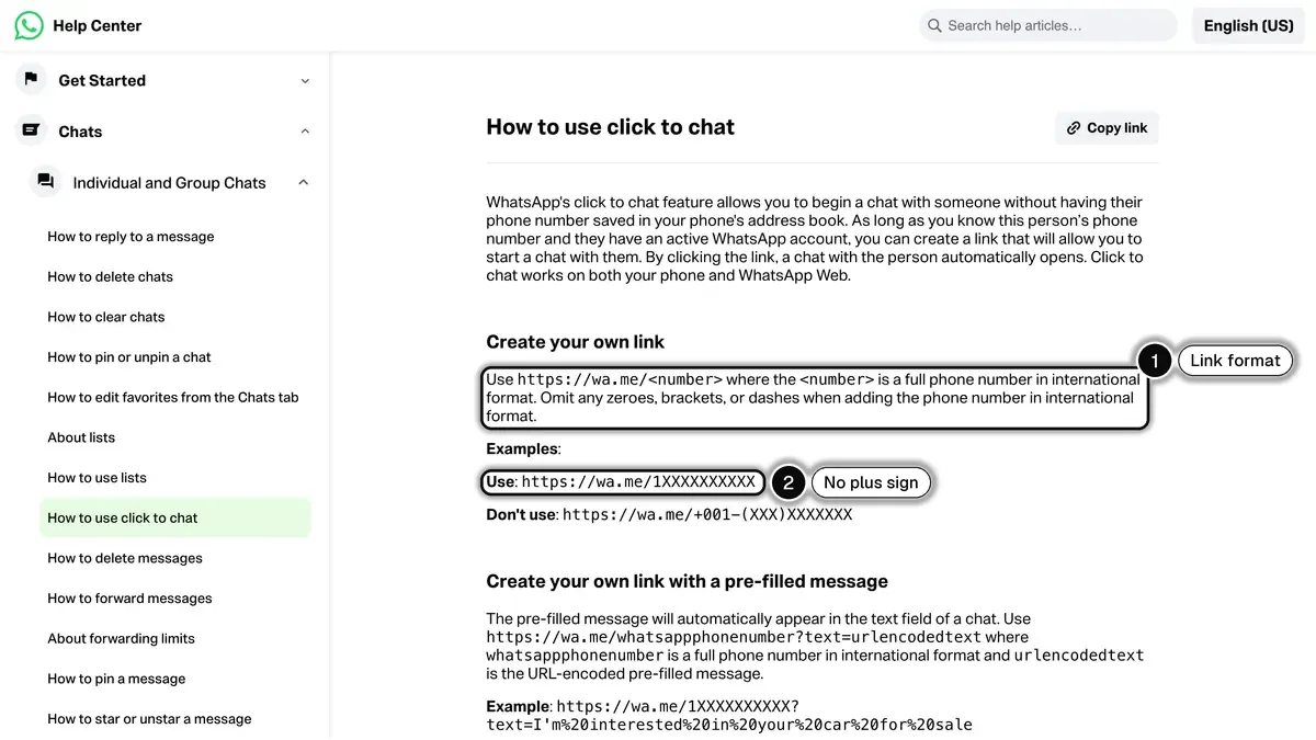 WhatsApp Help Center page showing the wa.me link format, with the number in international format and no plus sign