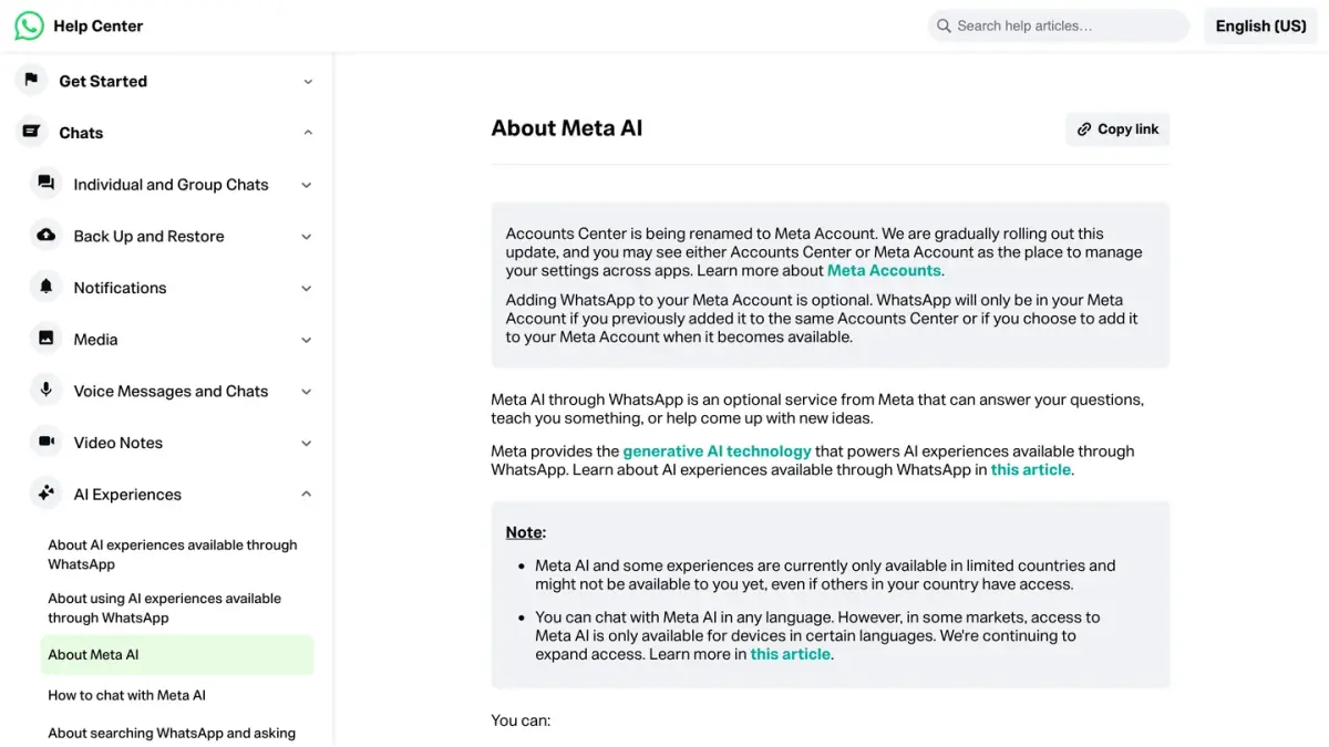 WhatsApp Help Center page about Meta AI, the optional assistant built into WhatsApp