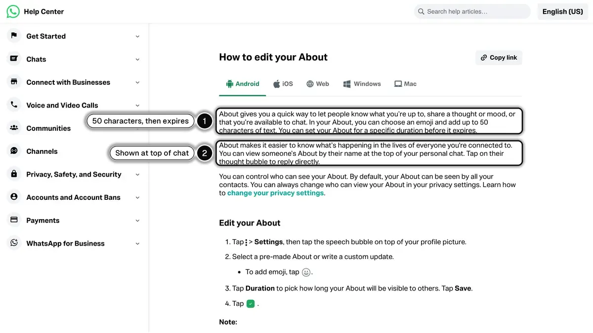 WhatsApp Help Center page on the About feature, with the 50-character limit, the expiry and its place at the top of the chat highlighted