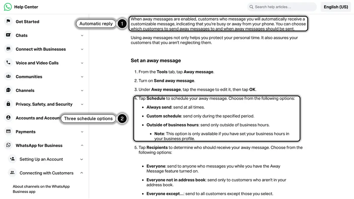 WhatsApp Help Center page on away messages, with the automatic reply and the three schedule options highlighted