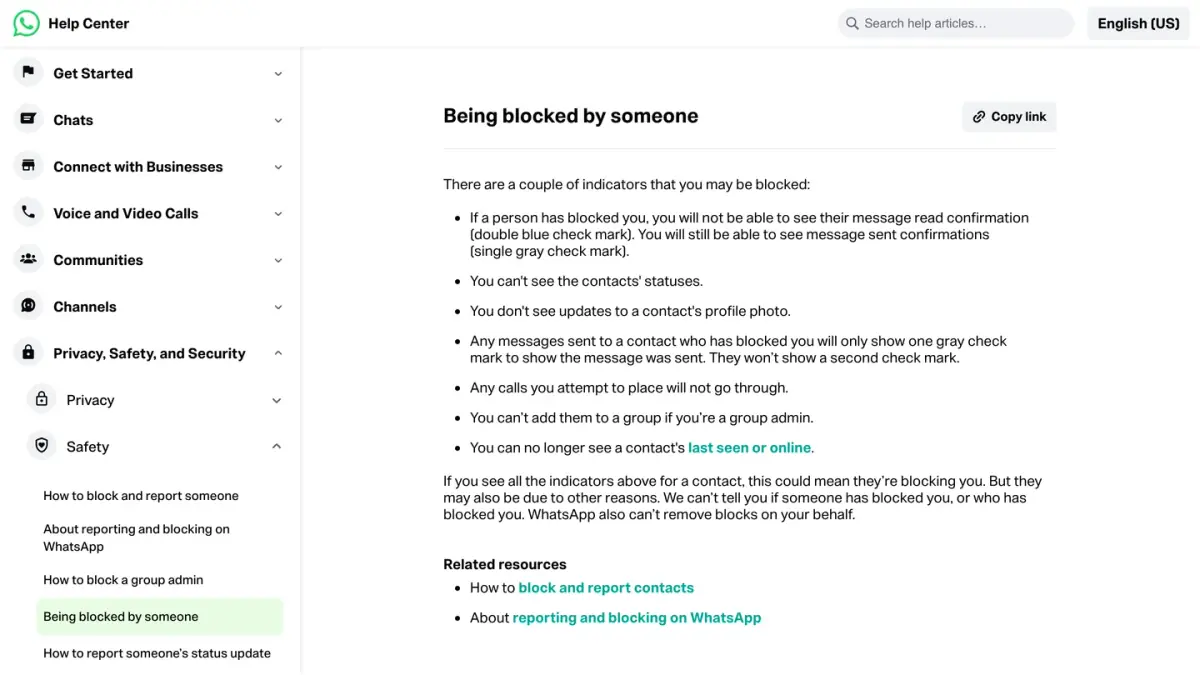 WhatsApp Help Center page Being blocked by someone, listing the indicators of a block